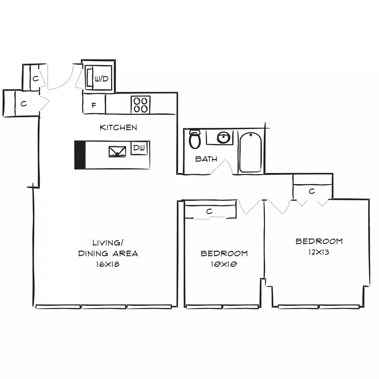 2 Bed, 1 Bath Floor Plan - Abstract - Park Towne Place Premier Apartment Homes, Philly, PA