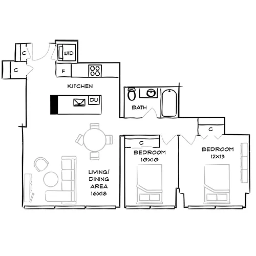 2 Bed, 1 Bath Floor Plan - Abstract - Park Towne Place Premier Apartment Homes, Philly, PA