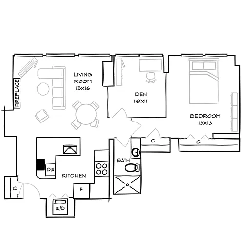 2 Bed, 1 Bath Floor Plan - Abstract - Park Towne Place Premier Apartment Homes, Philly, PA