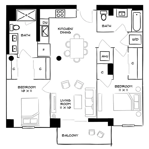 Flamingo Point | Miami, FL | The Gardens 2A Diagram with Furniture