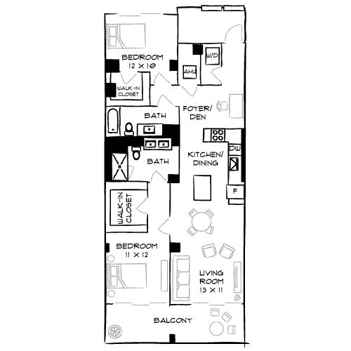 Flamingo Point - Miami, FL - The Park 2J Floorplan Diagram Furnished