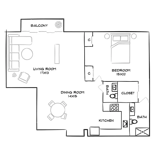 Flamingo South Beach - Miami, FL - Drexel F Floor Plan Diagram