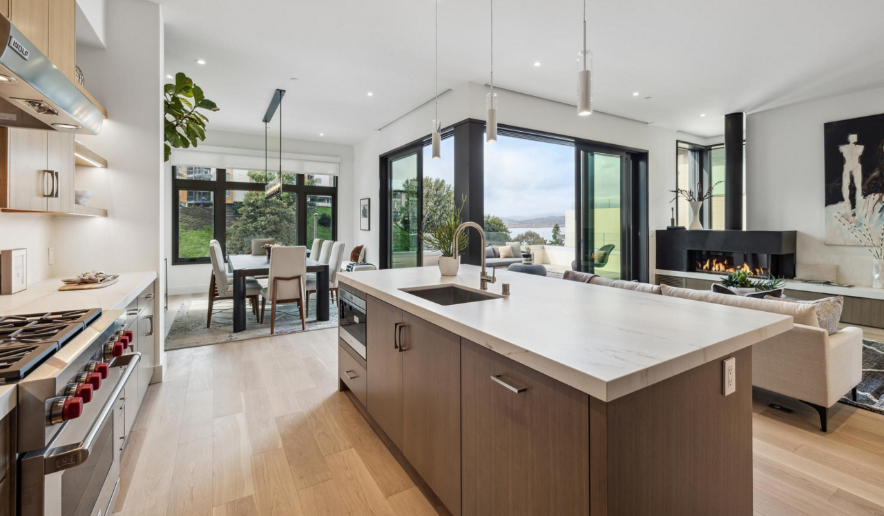 Oak Shore - View of Kitchen, Living Room, Dining Room, Patio and view of ocean and mountains
