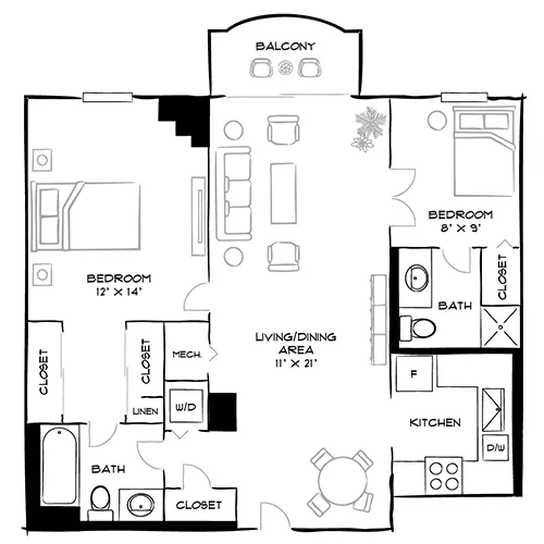 Vaughan Place -Washington, DC - Design 2A Floor Plan Furnished Diagram