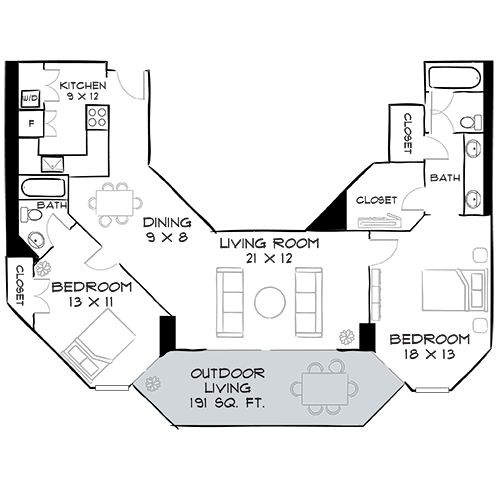 The Hamilton - Miami, FL - Design 2A Floor Plan Diagram Furnished