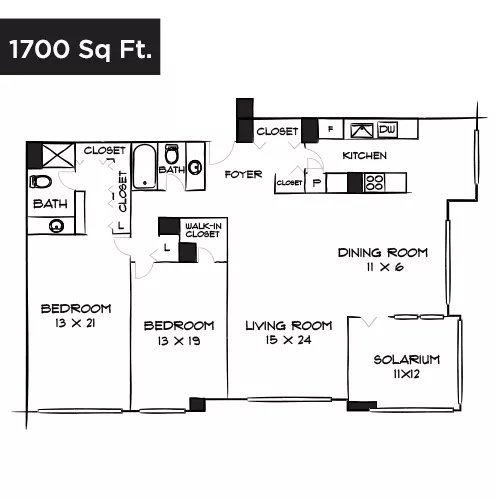 Willard Towers - Chevy Chase, MD - Design 2B Floor Plan Diagram