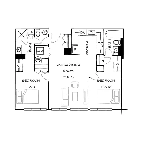 Capital Crescent Trail Residences - Bethesda, MD - Palm Floor Plan Furnished Diagram