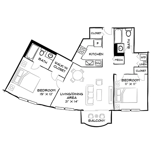 Vaughan Place - Washington, DC - Design 2B Floor Plan Furnished Diagram