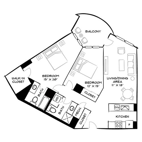 Vaughan Place - Washington, DC - Design 2C Floor Plan Furnished Diagram