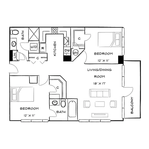 Capital Crescent Trail Residences - Bethesda, MD - Tulip Floor Plan Furnished Diagram