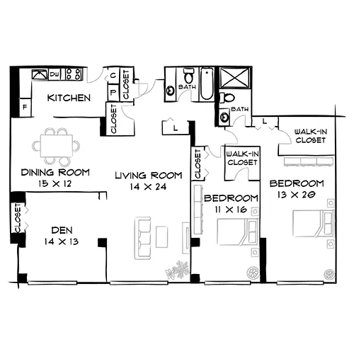 Willard Towers - Chevy Chase, MD - Design 3A Floor Plan Diagram Furnished