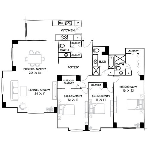 Willard Towers - Chevy Chase, MD - Design 3A25 Floor Plan Diagram Furnished