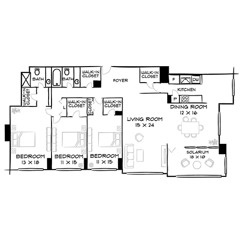 Willard Towers - Chevy Chase, MD - Design 3B Floor Plan Diagram Furnished