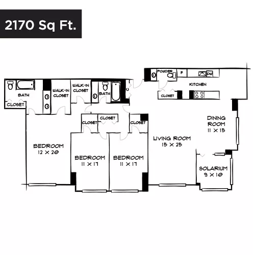 Willard Towers - Chevy Chase, MD - Design 3B25 Floor Plan Diagram