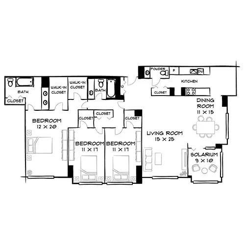 Willard Towers - Chevy Chase, MD - Design 3B25 Floor Plan Diagram Furnished