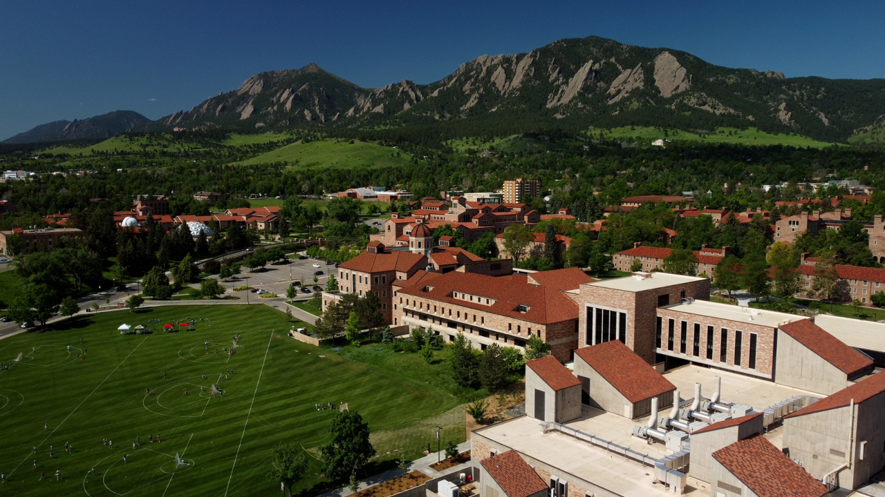 Boulder Creek Apartments in Boulder, CO - Drone view of CU Boulder Campus.<p style="text-align: center;">&nbsp;</p>
<p style="text-align: center;">Just 5 minutes from the University of Colorado campus.</p>
