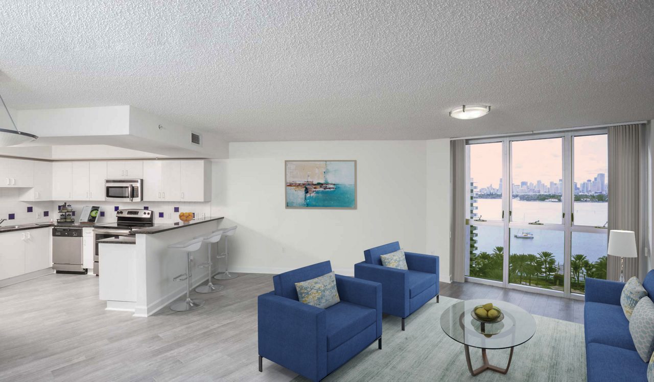 Interior living room and kitchen