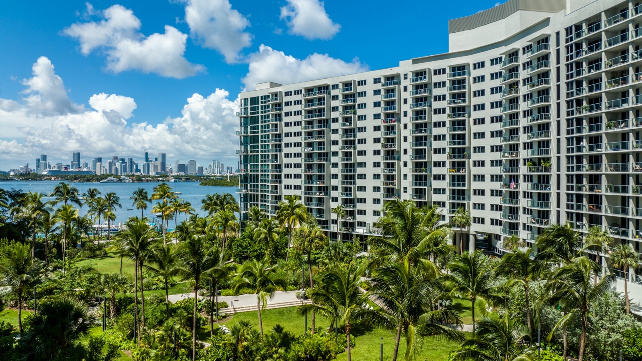 Flamingo Point - Miami, FL - Exterior of community showing palm trees and the bay