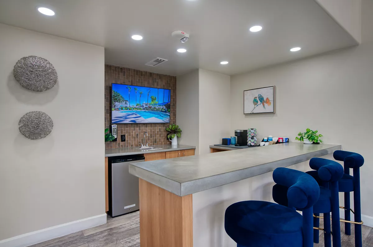 Community counter seating and refreshment area at Indigo Creek