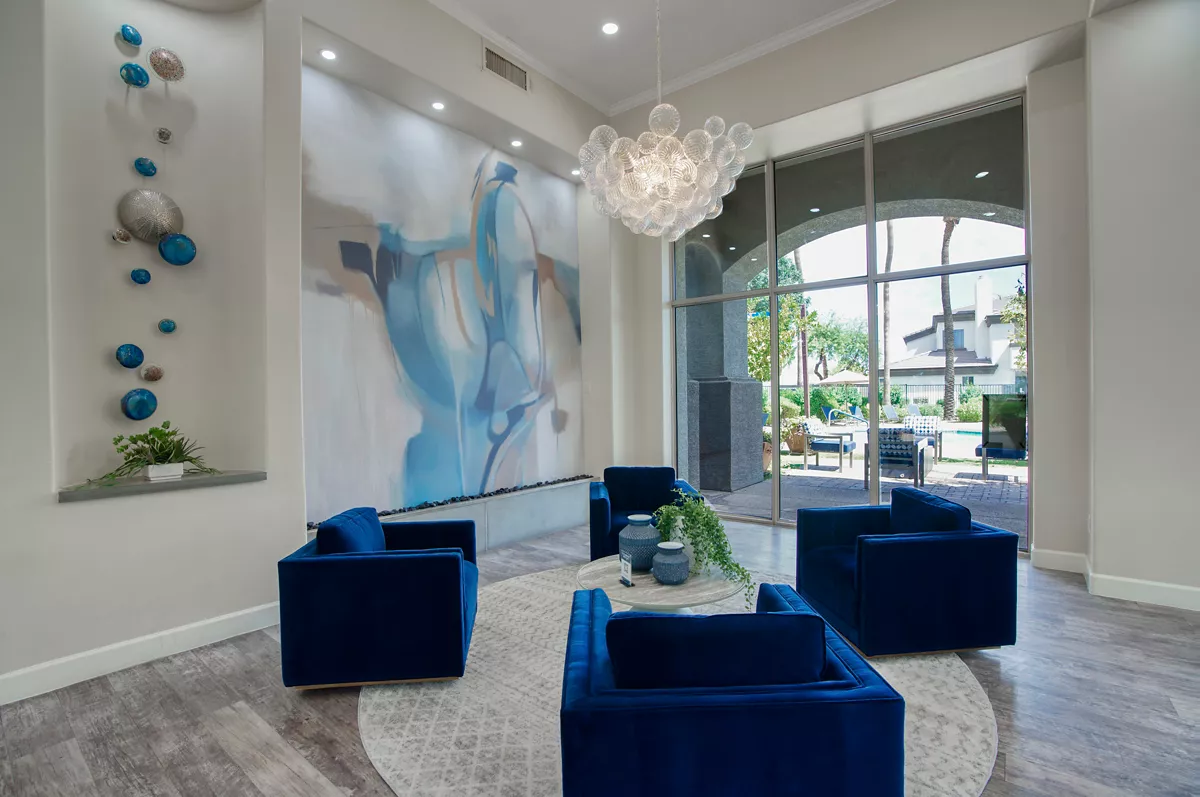 Lobby seating by the front entrance at Indigo Creek