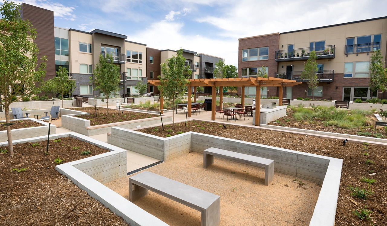 Parc Mosaic | Boulder, CO | Outdoor Patio Seating .Seating throughout your backyard means you'll never be far from enjoying the native mix garden in tranquility .