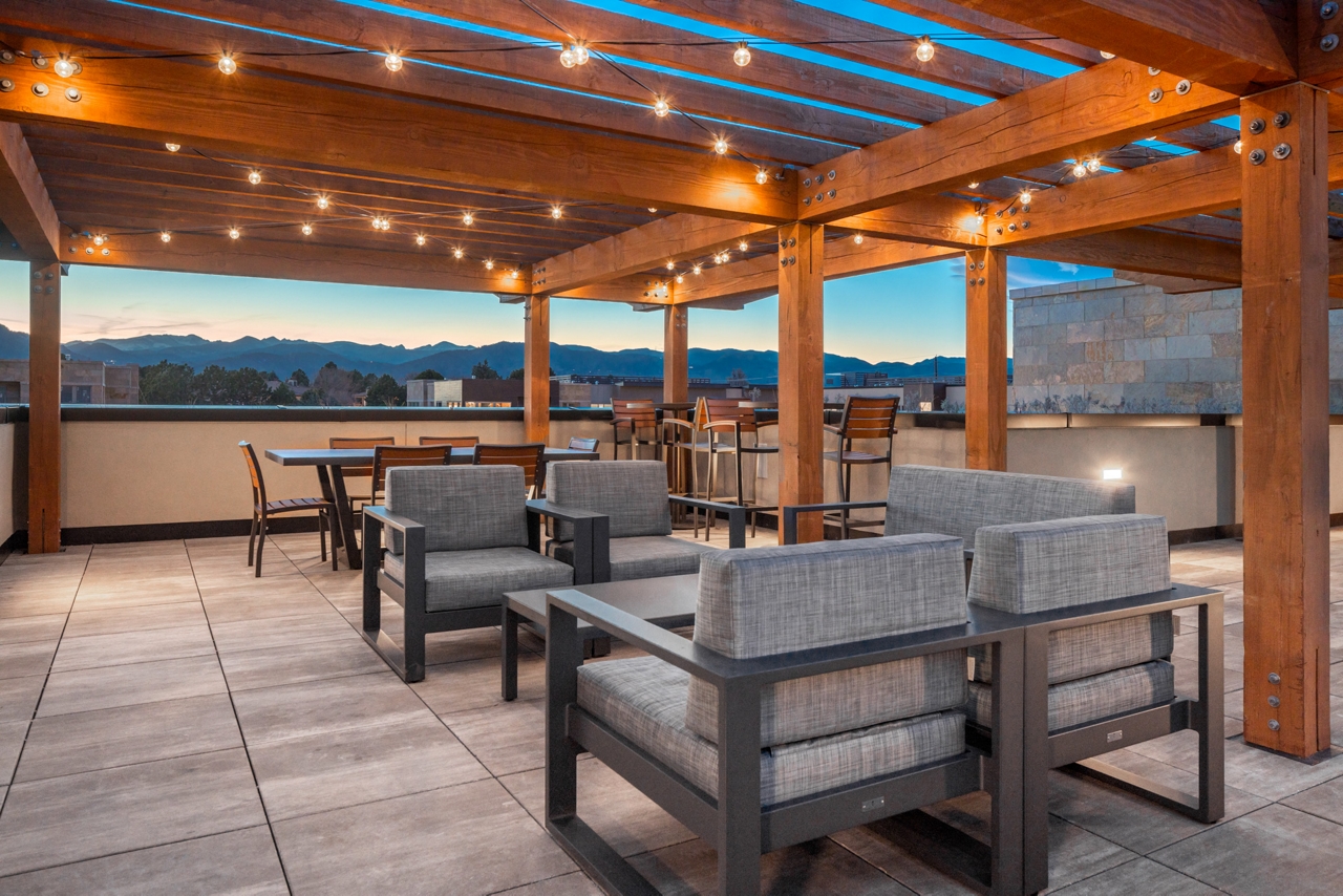 Parc Mosaic - Boulder, CO - roof terrace.Enjoy amazing views of the Flatirons from the rooftop terrace.