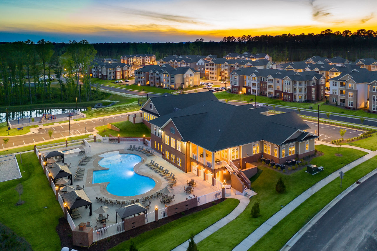 The Villages at Raleigh Beach - Drone View of Pool and Clubhouse