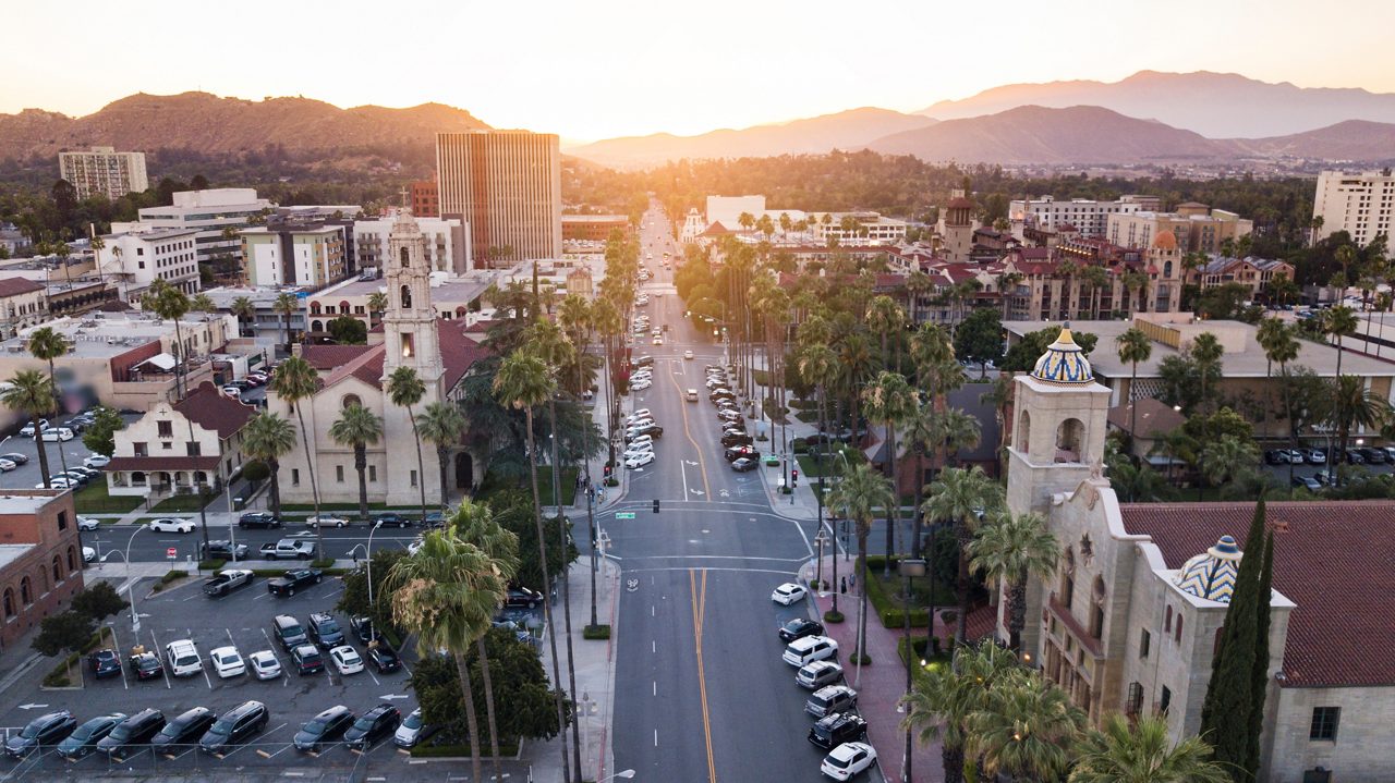 Sunset aerial view of downtown Riverside, California. 