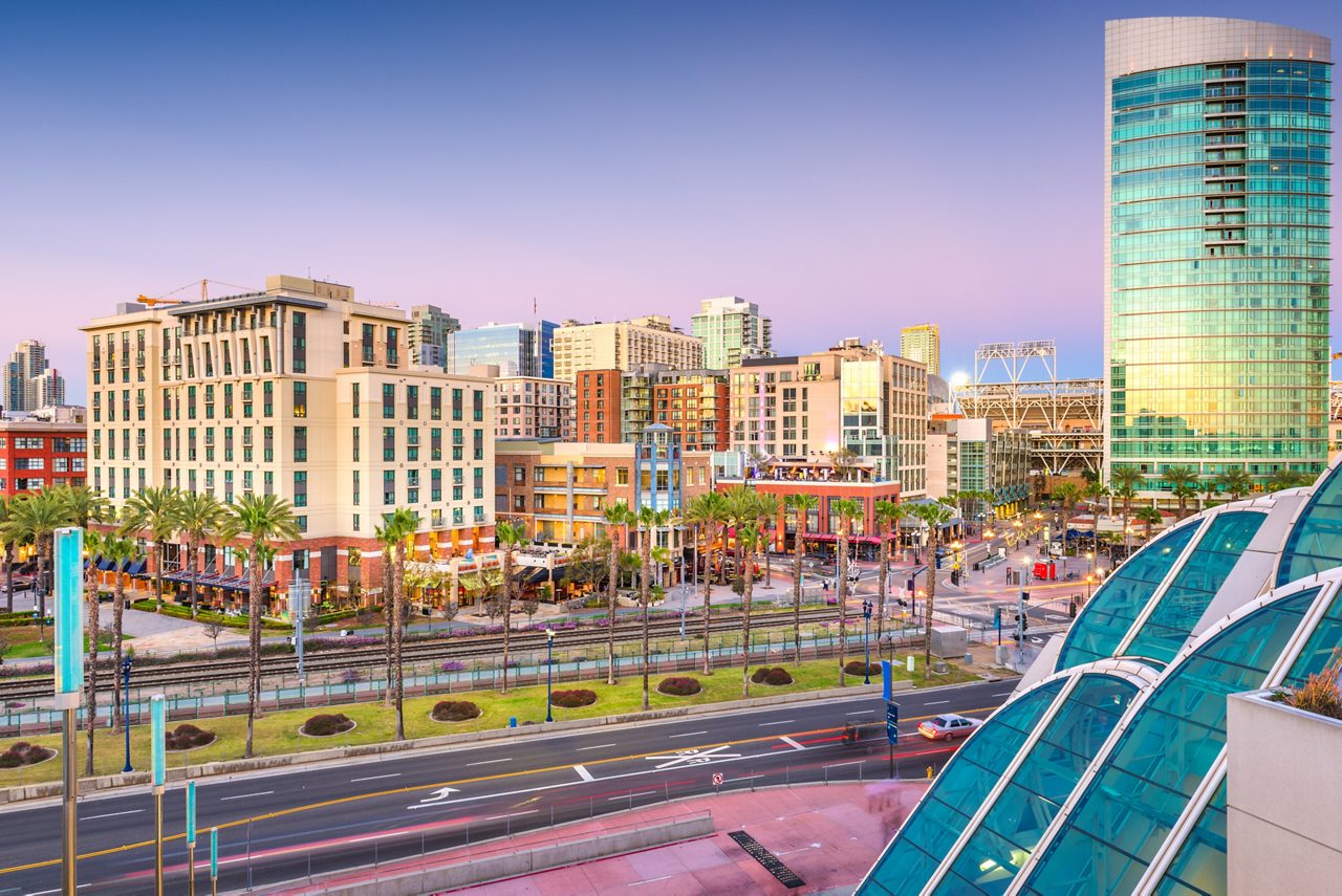 San Diego, California cityscape at the Gaslamp Quarter at dusk.