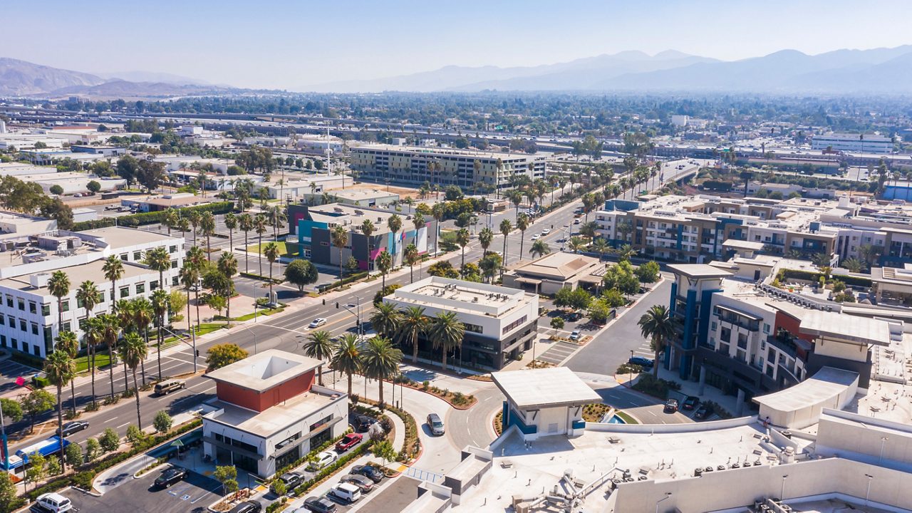 Daytime aerial view of the contemporary city center of Corona, California, USA.