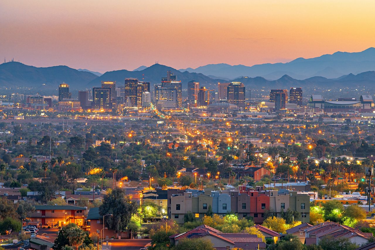 Phoenix, Arizona, USA downtown cityscape at dusk.