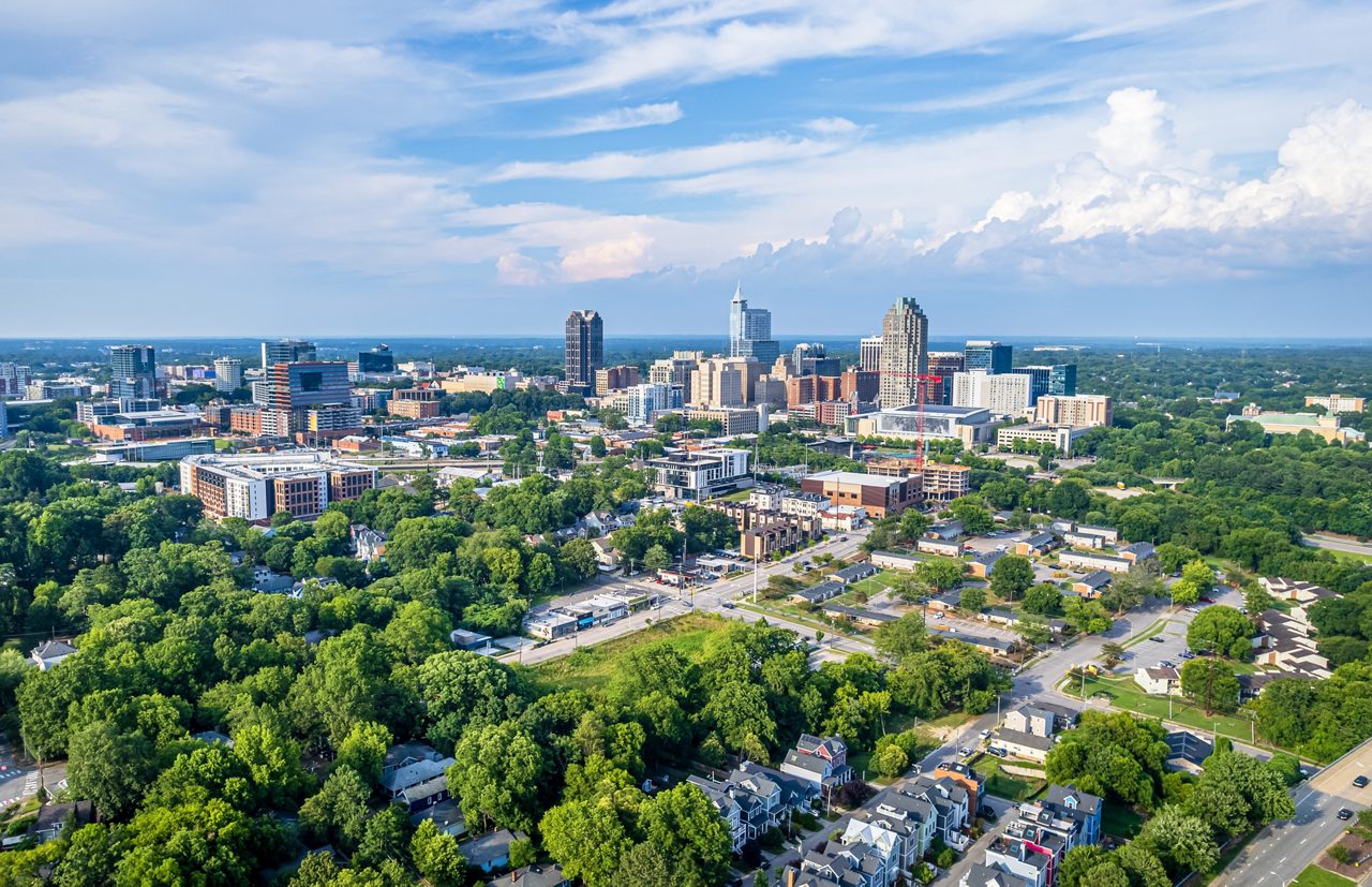 View of downtown Raleigh, North Carolina with blue sky background.
