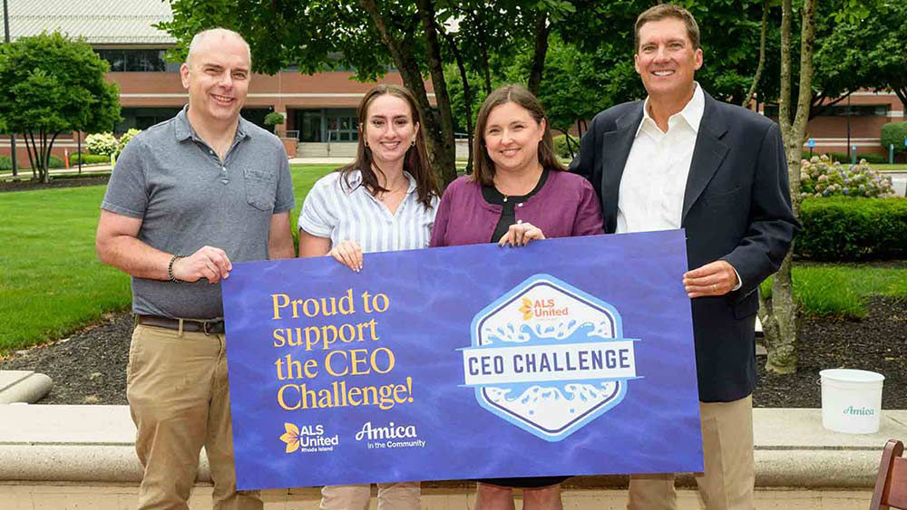 Amica was proud to participate in the 2026 CEO Challenge to benefit ALS United Rhode Island. From L to R: Ron Jones, husband of Amica employee Rachel Jones, Emily Verdone-Doyle and Christina Vilardi from ALS United Rhode Island, and Amica Chairman, President and CEO Ted Shallcross.