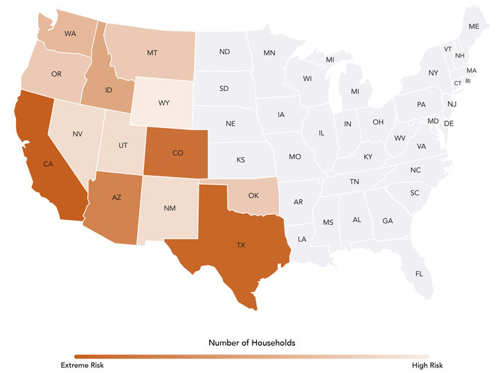 States most at risk for wildfires: Arizona, California, Colorado, Idaho, Montana, Nevada, New Mexico, Oklahoma, Oregon, Texas, Utah, Washington, Wyoming