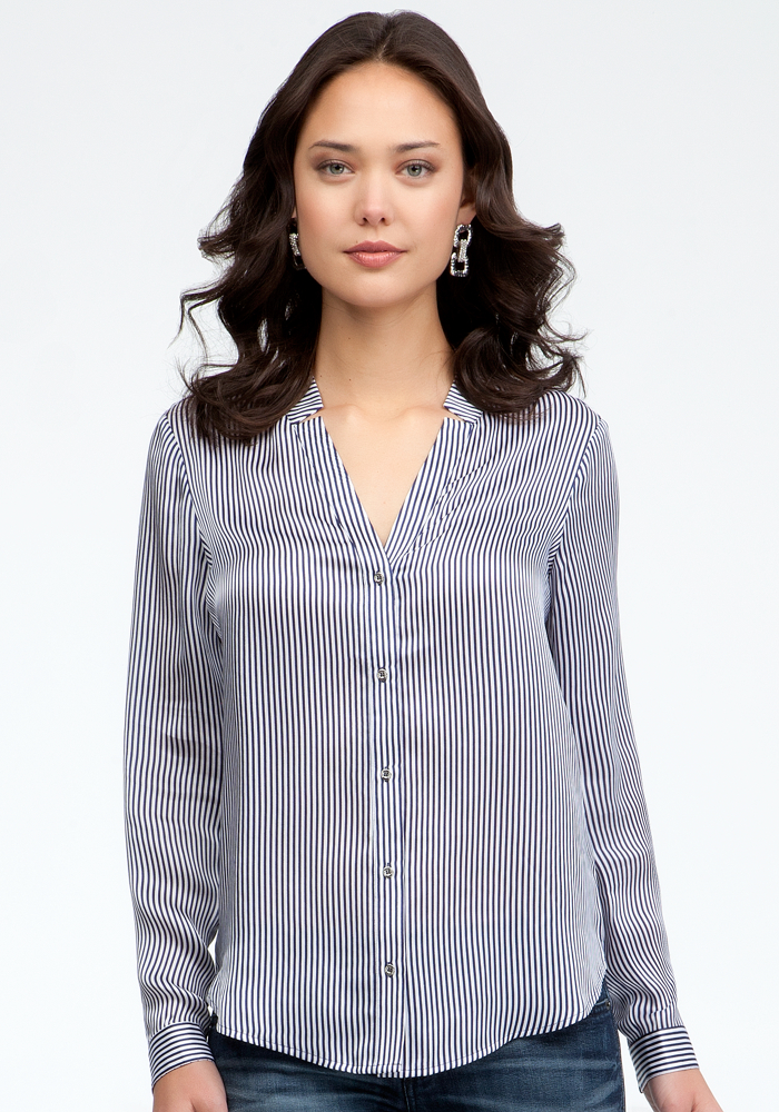 Stripe & Distressed Link Button Up Blouse | Divaloo