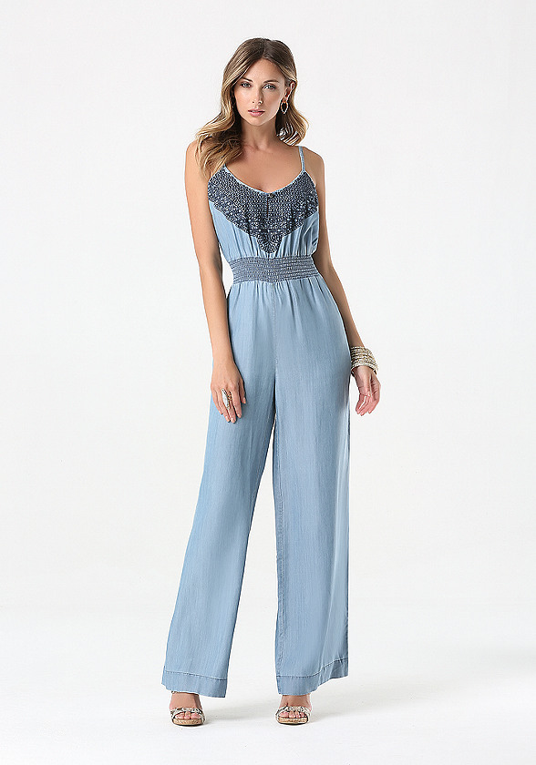 Embroidered Chambray Jumpsuit | bebe