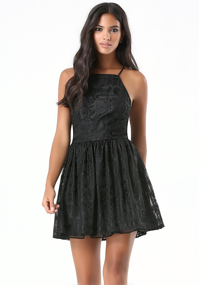 Embroidered Grid Mesh Dress - All Dresses | bebe