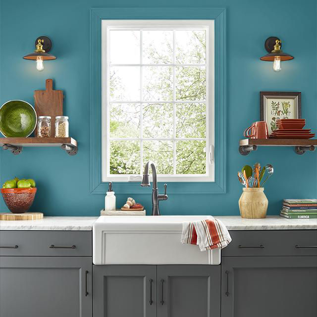 Kitchen painted in BASIC TEAL