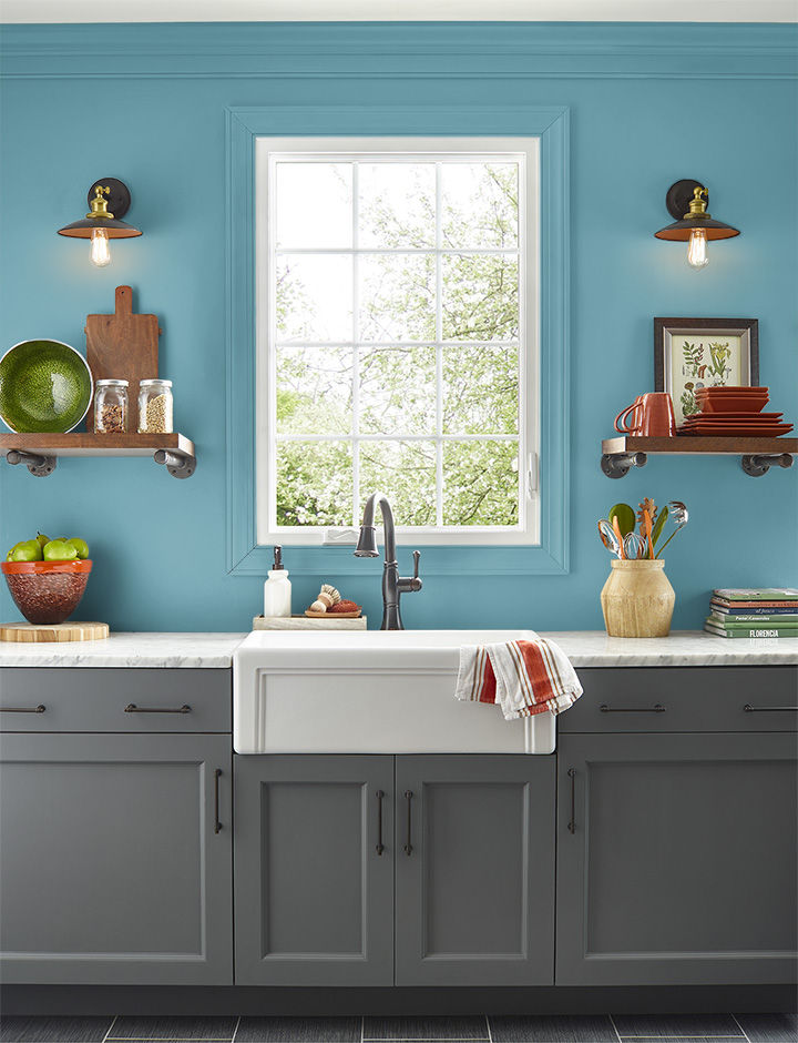 Kitchen painted in DUSTY TURQUOISE