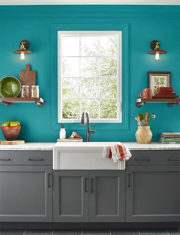 Kitchen painted in TRUE TEAL