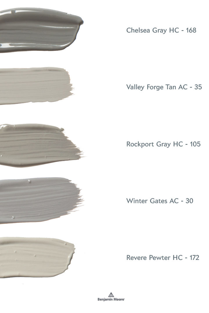 Visual palette of Benjamin Moore gray color paints