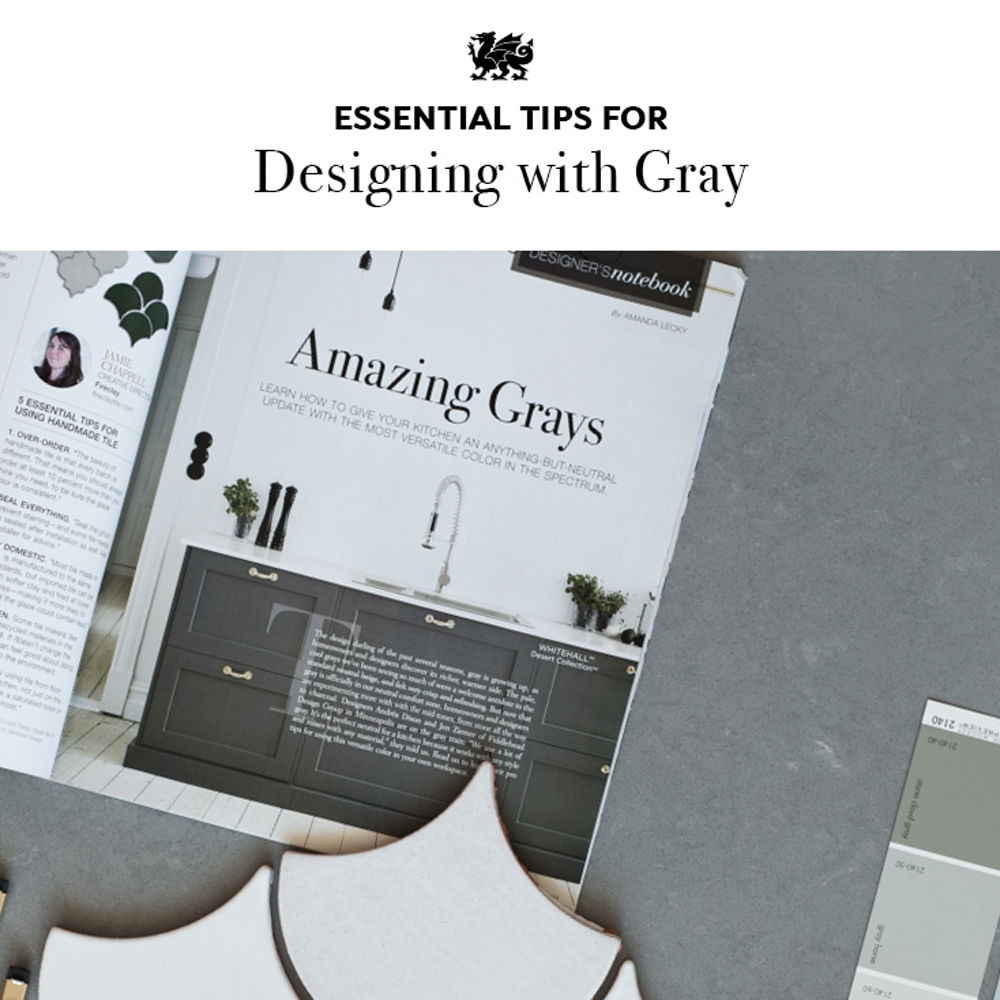 Magazine front cover design featuring Cambria gray quartz options