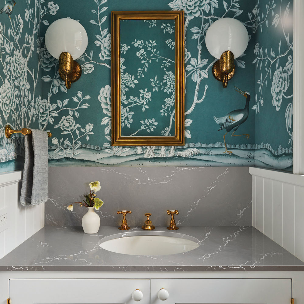 Bathroom vanity featuring a Cambria Clare quartz countertop and backsplash.