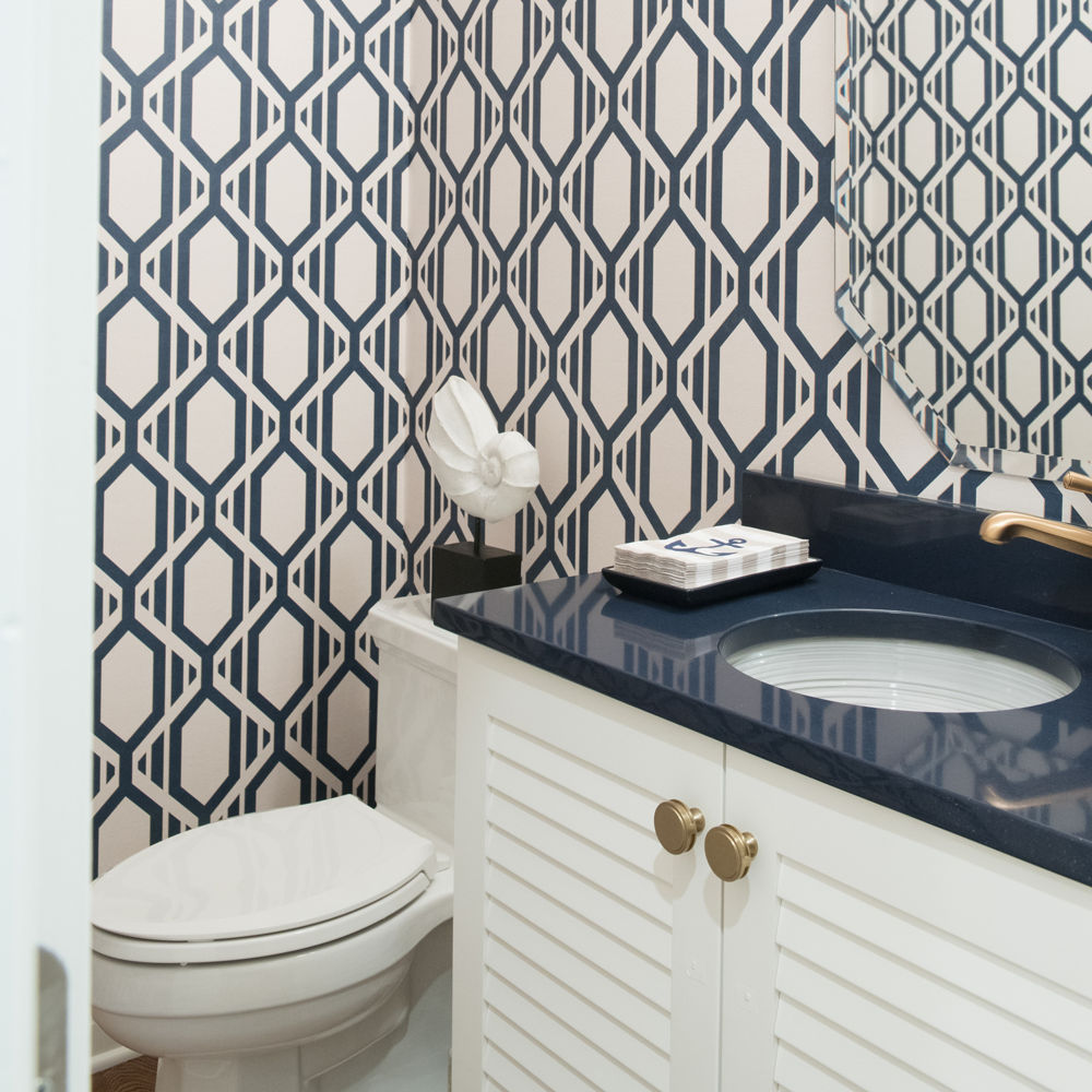 White Bathroom Vanity with Blue Cambria Quartz Countertop