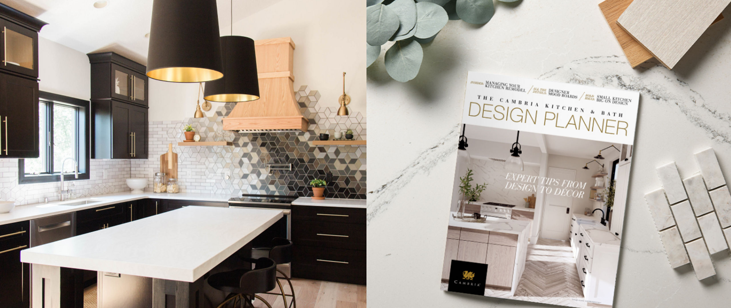 two images, the one on the left being a black and white kitchen with white quartz countertops, the one on the right being the Cambria Kitchen and Bath Design Planner