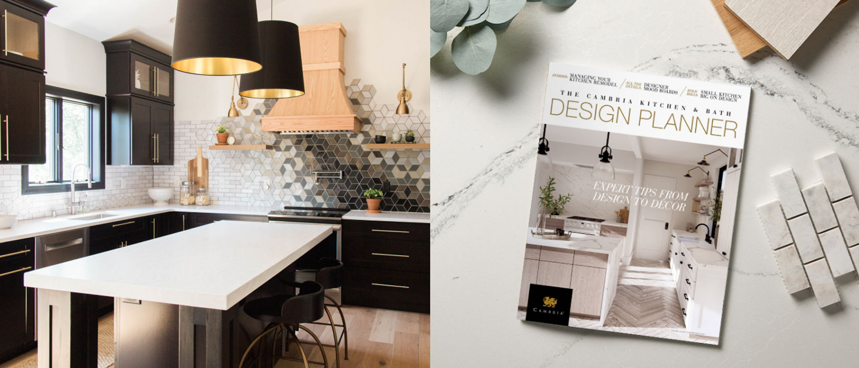 two images, the one on the left being a black and white kitchen with white quartz countertops, the one on the right being the Cambria Kitchen and Bath Design Planner
