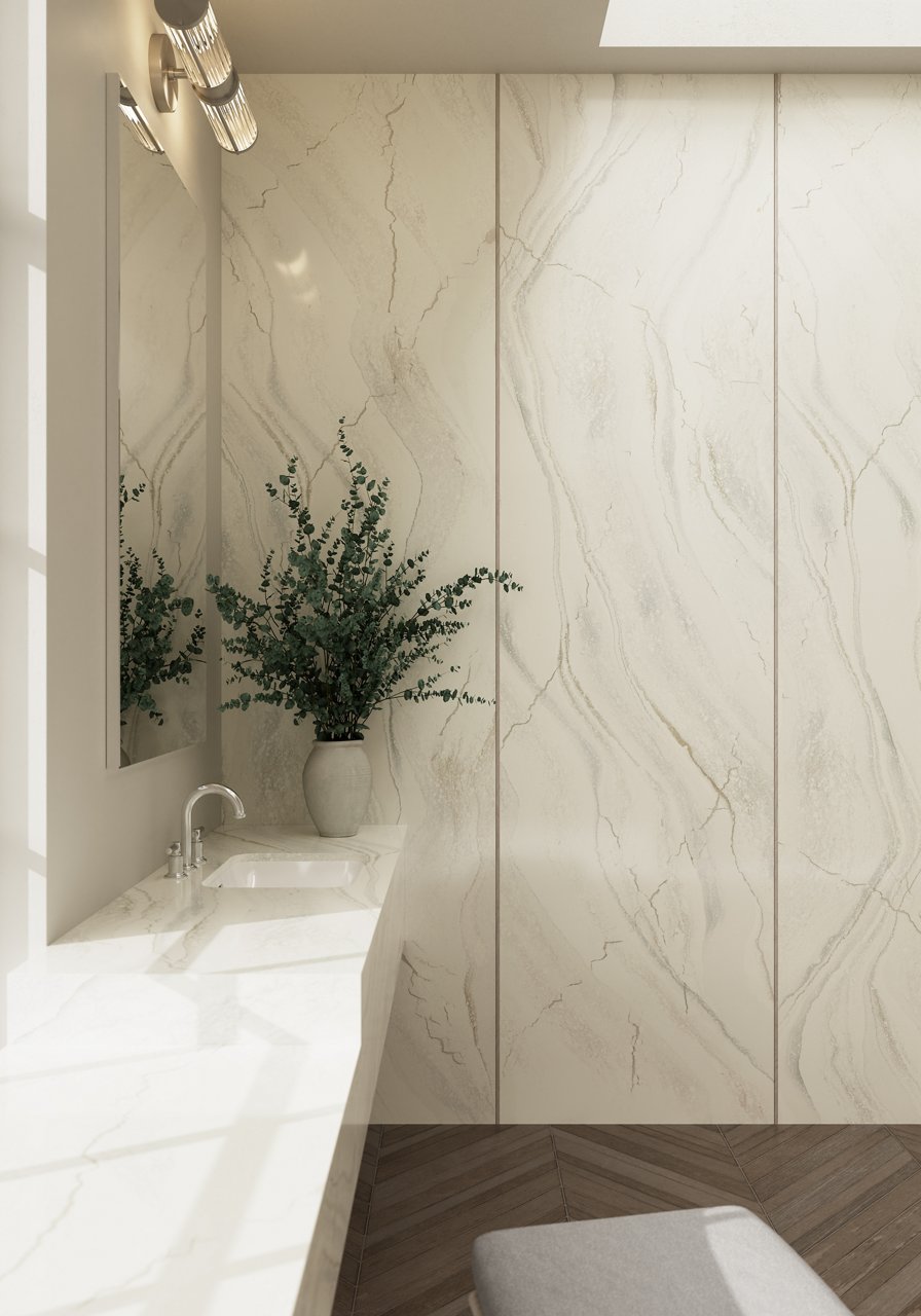 A bathroom with Inverness Everleigh quartz wall cladding