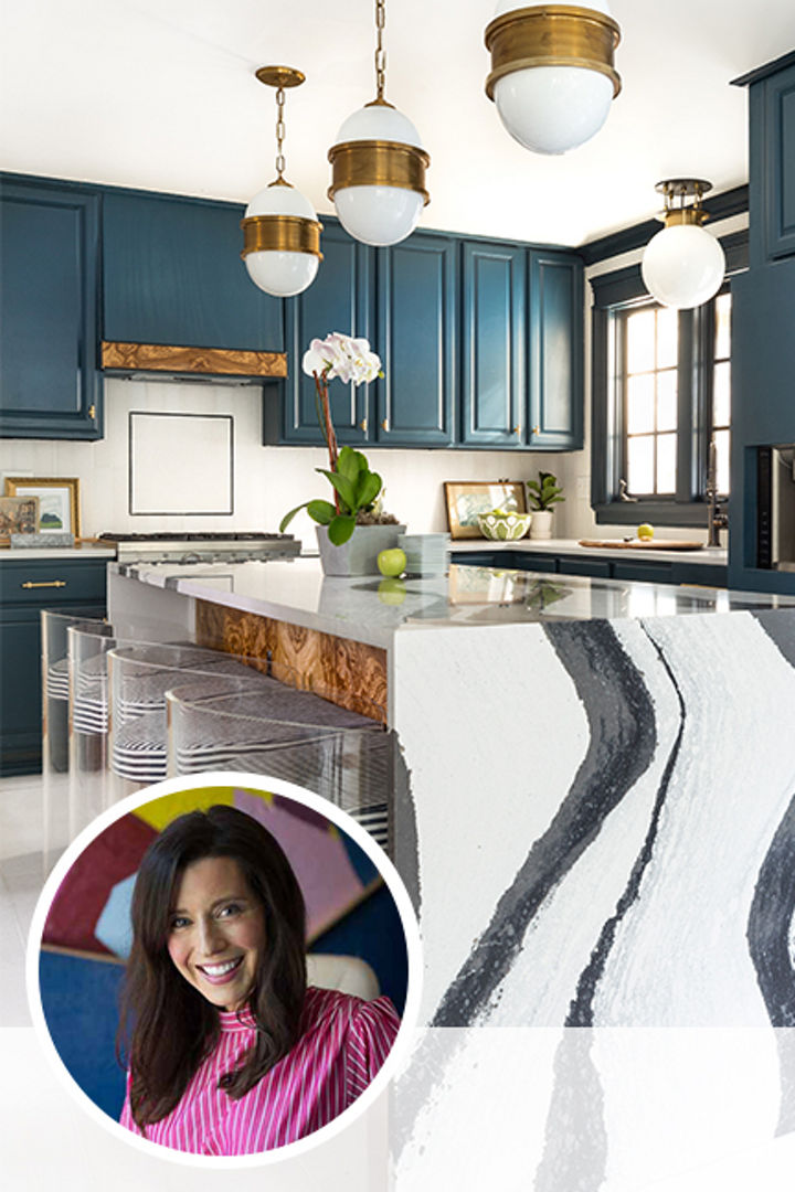 Jewel Marlowe's headshot with background image of kitchen featuring Jewel's design