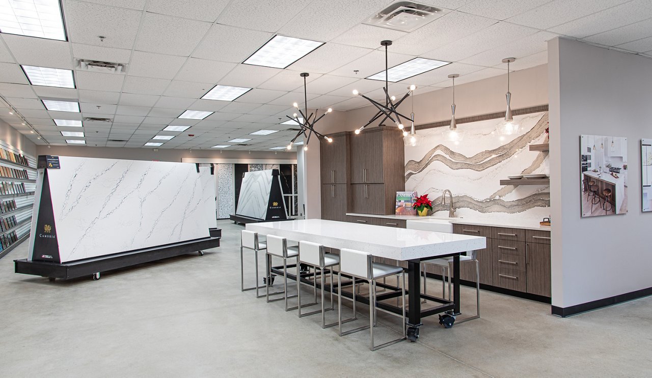 Lake Quartz showroom featuring Cambria quartz designs