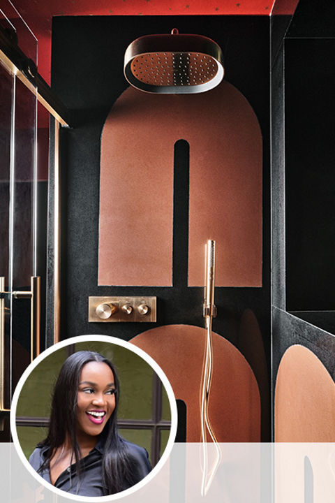 Leah Alexander's headshot with background image of bathroom featuring Leah's design